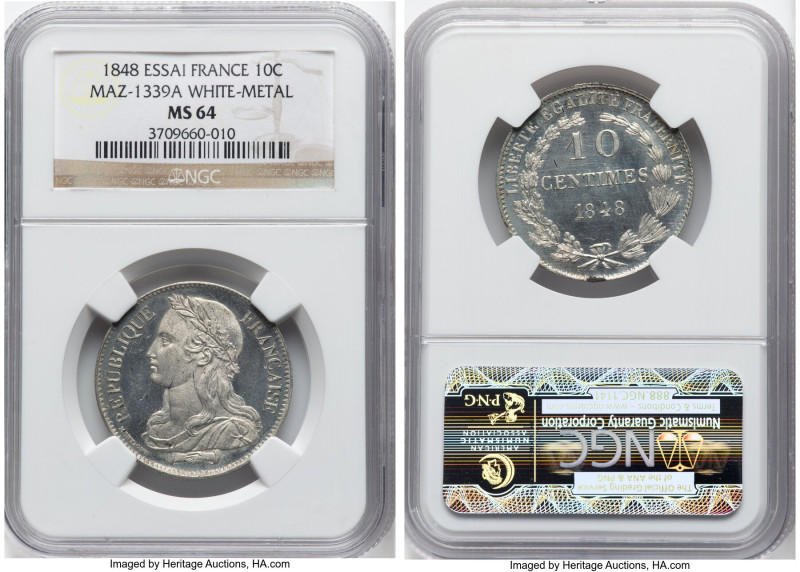 Republic white metal Essai 10 Centimes 1848 MS64 NGC, Maz-1339a (R1). Struck in ...