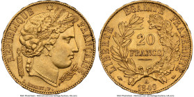 Republic gold "Ceres" 20 Francs 1849-A MS61 NGC, Paris mint, KM762, Fr-566. First year of a three year type and sought-after in Mint State preservatio...