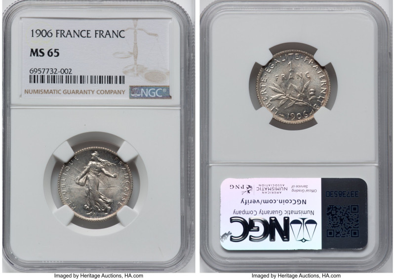 Republic Franc 1906 MS65 NGC, Paris mint, KM844.1. Tied for the highest grade on...