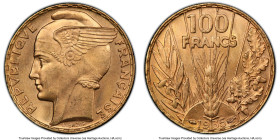 Republic gold "Bazor" 100 Francs 1935 MS65 PCGS, Paris mint, KM880, Gem-1148, F-554. Bestowed the sought-after Gem-level assignment for this popular t...