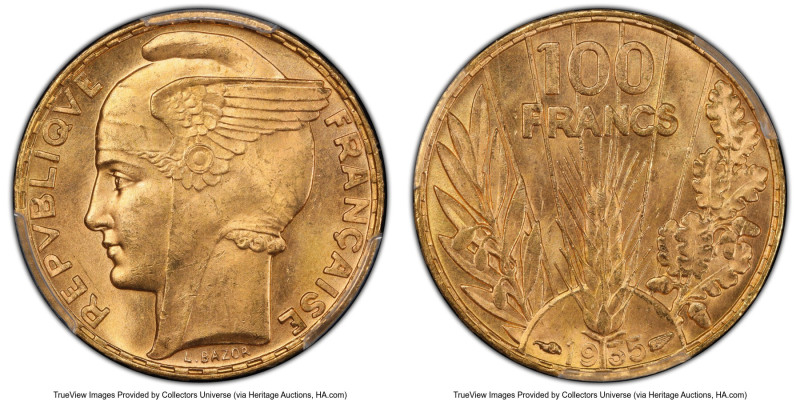 Republic gold "Bazor" 100 Francs 1935 MS64 PCGS, Paris mint, KM880, Gem-1148, F-...