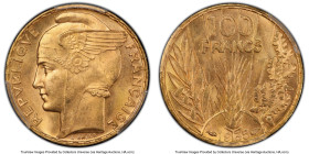 Republic gold "Bazor" 100 Francs 1935 MS64 PCGS, Paris mint, KM880, Gem-1148, F-554. A satisfying near-Gem piece boasting superb luster and enthrallin...