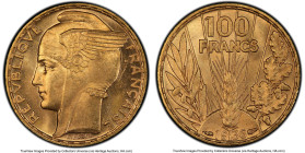 Republic gold "Bazor"100 Francs 1936 MS64+ PCGS, Paris mint, KM880. A "Le Style Moderne" inspired French type that is favored among collectors, presen...
