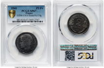 Vichy Regime aluminum Specimen Essai 2 Francs 1941 SP67 PCGS, Paris mint, GEM-114.4. 5.90gm. Pleasing to view in-hand as the crisp details are enhance...