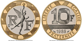 Republic bi-metallic gold & palladium Proof "Spirit of the Bastille" 10 Francs 1988 PR70 Ultra Cameo NGC, KM964.1a. Palladium-silver center, gold oute...