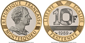 Republic bi-metallic Proof "Charles Louis Montesquieu" 10 Francs 1989 PR69 Ultra Cameo NGC, Paris mint, KM969a. Mintage: 5,000. Bimetallic: Center in ...
