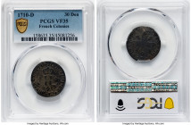 Louis XIV 30 Deniers 1710-D VF35 PCGS, Lyon mint, KM378.2, Dup-1584. Used in the American colonies. Sometimes referred to as "mousquetaire" according ...
