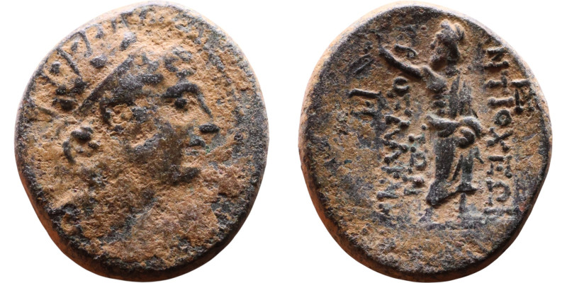 Antiochus IV Epiphanes (Seleukid King: 175-172 BC). AE bronze. Obv.: Radiate, di...