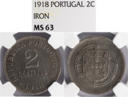 República Portuguesa - 2 Centavos 1918 Ferro, NGC MS63, A.G:02.01, Muito Rara neste estado de conservação