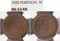 República Portuguesa - 5 Centavos 1920, NGC MS 64RB, A.G:05.01
