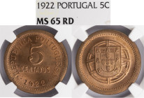 República Portuguesa - 5 Centavos 1922, NGC MS 65RD, A.G:05.03, Excelente Estado de Conservação