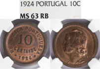 República Portuguesa - 10 Centavos 1924, NGC MS 63RB, A.G:09.01