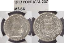 República Portuguesa - 20 Centavos 1913, NGC MS 64, A.G:12.01, Rara neste estado de conservação