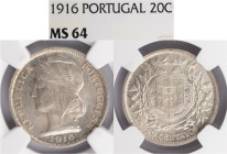 República Portuguesa - 20 Centavos 1916, NGC MS 64, A.G:12.02