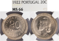 República Portuguesa - 20 Centavos 1922, NGC MS 66, A.G:13.05, Excelente Estado de Conservação e Rara