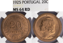República Portuguesa - 20 Centavos 1925, NGC MS 64RB, A.G:15.02