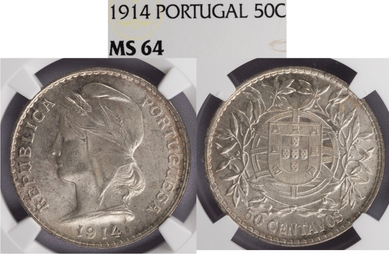 República Portuguesa - 50 Centavos 1914, NGC MS 64, A.G:18..03