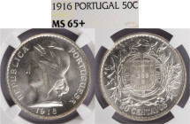 República Portuguesa - 50 Centavos 1916, NGC MS 65+, A.G:18.05, Excelente Estado de Conservação