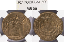 República Portuguesa - 50 Centavos 1924, NGC MS 66, A.G::19.01, Rara Neste Estado de Conservação