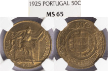 República Portuguesa - 50 Centavos 1925, NGC MS 65, A.G:19.02, Top Grade, Moeda muito Rara e a Mais Bonita Conhecida