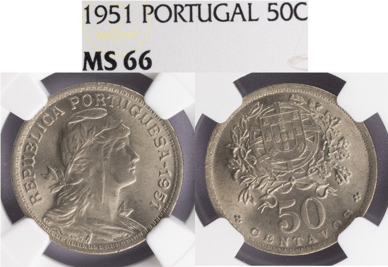República Portuguesa - 50 Centavos 1951, NGC MS 66, A.G:20.13