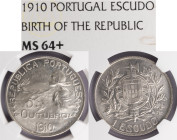 República Portuguesa - 1 Escudo 1910, NGC MS 64+, A.G: 22.01, Extremamente Raro Neste Estado de Conservação, 2ª melhor conhecida pela NGC