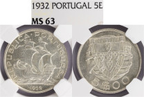 República Portuguesa - 5 Escudos 1932, NGC MS63, A.G:35.01