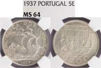 República Portuguesa - 5 Escudo 1937, NGC MS64, A.G:35.04