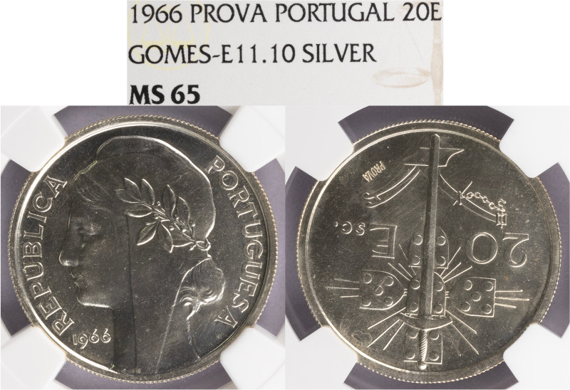 Ensaio e Prova - 20 Escudos 1966 Prata Prova Incusa , NGC MS65, A.G:E11.10