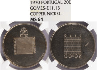 Ensaio e Prova - 20 Escudos 1970 Ensaio Incuso s/ Serrilha, NGC MS 64, A.G:E11.14,