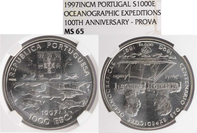 Ensaio e Prova - 1000 Escudos 1997 Prova em Relevo, NGC MS65, Falta no Alberto G...