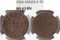 Angola - 5 Centavos 1924, NGC MS 63BN, A.G:06.04, Rara neste Estado de Conservação