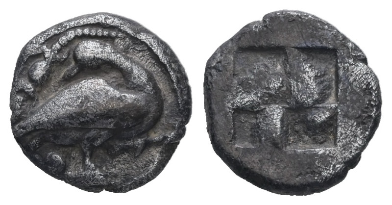 Macedon, Eion. AR Diobol, 0.96 g. - 10.21 mm. Circa 480-470 BC.
Obv.: Goose stan...