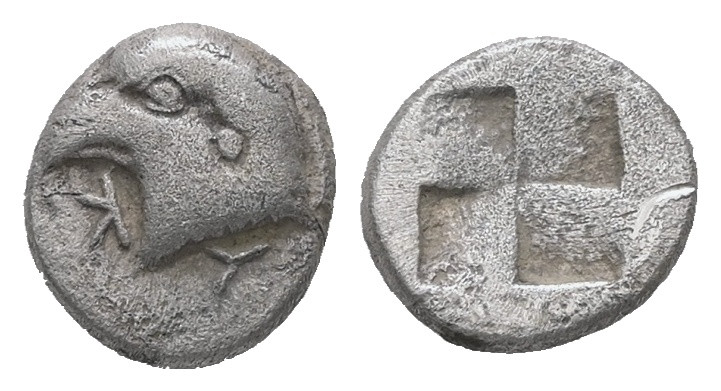 Aeolis, Kyme. AR Hemiobol. 0.53 g. - 7.99 mm. Circa 480-450 BC.
Obv.: K Y. Head ...