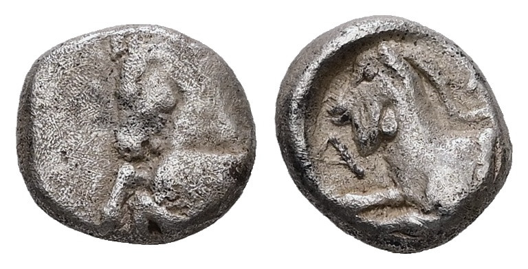 Caria, Halikarnassos. AR Obol, 0.72 g. - 8.32 mm. Circa 500-400 BC.
Obv.: Forepa...