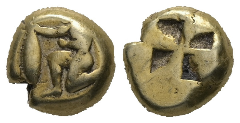 Mysia, Kyzikos. EL Hekte, 2.59 g. - 9.40 mm. Circa 550-450 BC. 
Obv.: Nude male ...