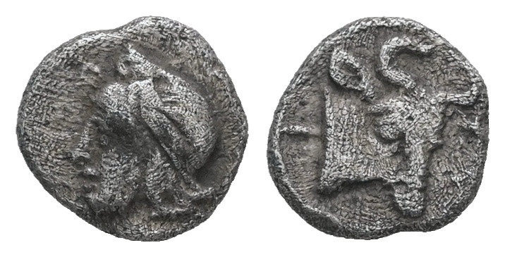 Mysia, Kyzikos. AR Hemiobol, 0.34 g. - 7.63 mm. Circa 410-400 BC.
Obv.: Head of ...