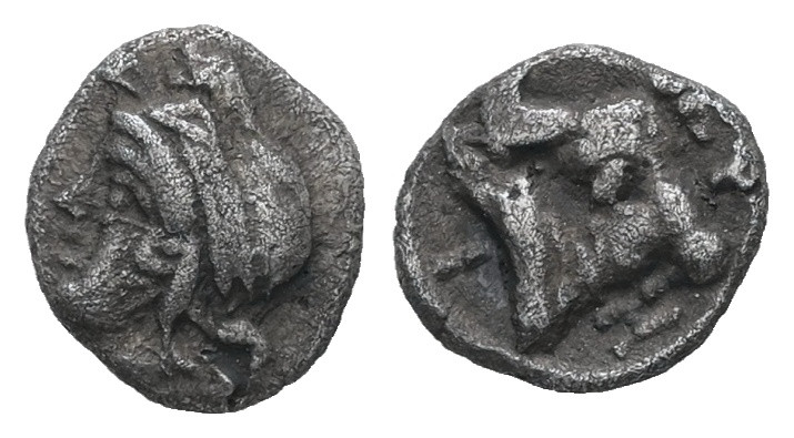 Mysia, Kyzikos. AR Hemiobol, 0.37 g. - 8.17 mm. Circa 410-400 BC.
Obv.: Head of ...