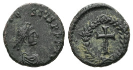 Theodosius II. AD. 402-450. AE Nummus. 1.24 g. - 12.35 mm. Uncertain mint. 
Obv.: [D N THEO]DO -SIVS P F AVG Pearl-diademed, draped and cuirassed bust...