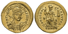 Theodosius II. AD. 402-450. AV Solidus. 4.45 g. - 21.12 mm. Constantinople.
Obv.: D N THEODOSIVS P F AVG. Helmeted and cuirassed bust facing slightly ...