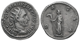 Trajan Decius, AD. 249-251. AR Antoninianus. 4.04 g. - 21.02 mm. Rome.
Obv.: IMP C M Q TRAIANVS DECIVS AVG. Bust of Trajan Decius, radiate, draped, cu...