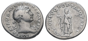 Trajan, AD. 98-117. AR Denarius. 2.81 g. - 19.48 mm. Rome.
Obv.: IMP TRAIANO AVG GER DAC P M TR P. Bust of Trajan, laureate, draped, right.
Rev.: COS ...