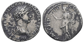 Trajan, AD. 98-117. AR Denarius. 2.84 g. - 17.75 mm. Rome.
Obv.: IMP CAES NER TRAIANO OPTIMO AVG GER DAC. Bust of Trajan, laureate, draped, right.
Rev...