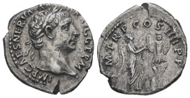 Trajan, AD. 98-117. AR Denarius. 2.85 g. - 18.75 mm. Rome, struck 101-102 AD.
Obv.: IMP CAES NERVA TRAIAN AVG GERM. Bust of Trajan, laureate, draped,...