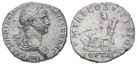 Trajan, AD. 98-117. AR Denarius. 2.94 g. - 18.12 mm. Rome, struck 114 AD.
Obv.: IMP CAES NER TRAIANO OPTIMO AVG GER DAC. Bust of Trajan, laureate, dra...