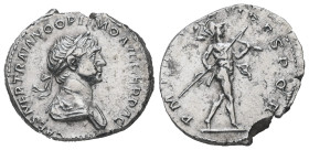 Trajan, AD. 98-117. AR Denarius. 3.05 g. - 19.84 mm. Rome, struck 114-117 AD.
Obv.: IMP CAES NER TRAIANO OPTIMO AVG GER DAC. Bust of Trajan, laureate,...