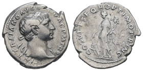 Trajan, AD. 98-117. AR Denarius. 3.07 g. - 19.34 mm. Rome.
Obv.: IMP TRAIANO AVG GER DAC P M TR P. Bust of Trajan, laureate, draped on left shoulder, ...