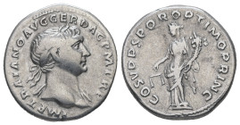 Trajan, AD. 98-117. AR Denarius. 3.14 g. - 18.88 mm. Rome.
Obv.: IMP TRAIANO AVG GER DAC P M TR P. Bust of Trajan, laureate, draped, right draped on l...