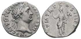 Trajan, AD. 98-117. AR Denarius. 3.16 g. - 18.60 mm. Rome.
Obv.: IMP CAES NERVA TRAIAN AVG GERM. Head of Trajan, laureate, right.
Rev.: P M TR P COS I...