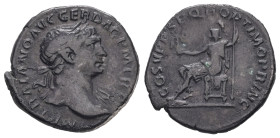 Trajan, AD. 98-117. AR Denarius. 3.21 g. - 18.80 mm. Rome.
Obv.: IMP TRAIANO AVG GER DAC P M TR P. Bust of Trajan, laureate, draped on left shoulder, ...